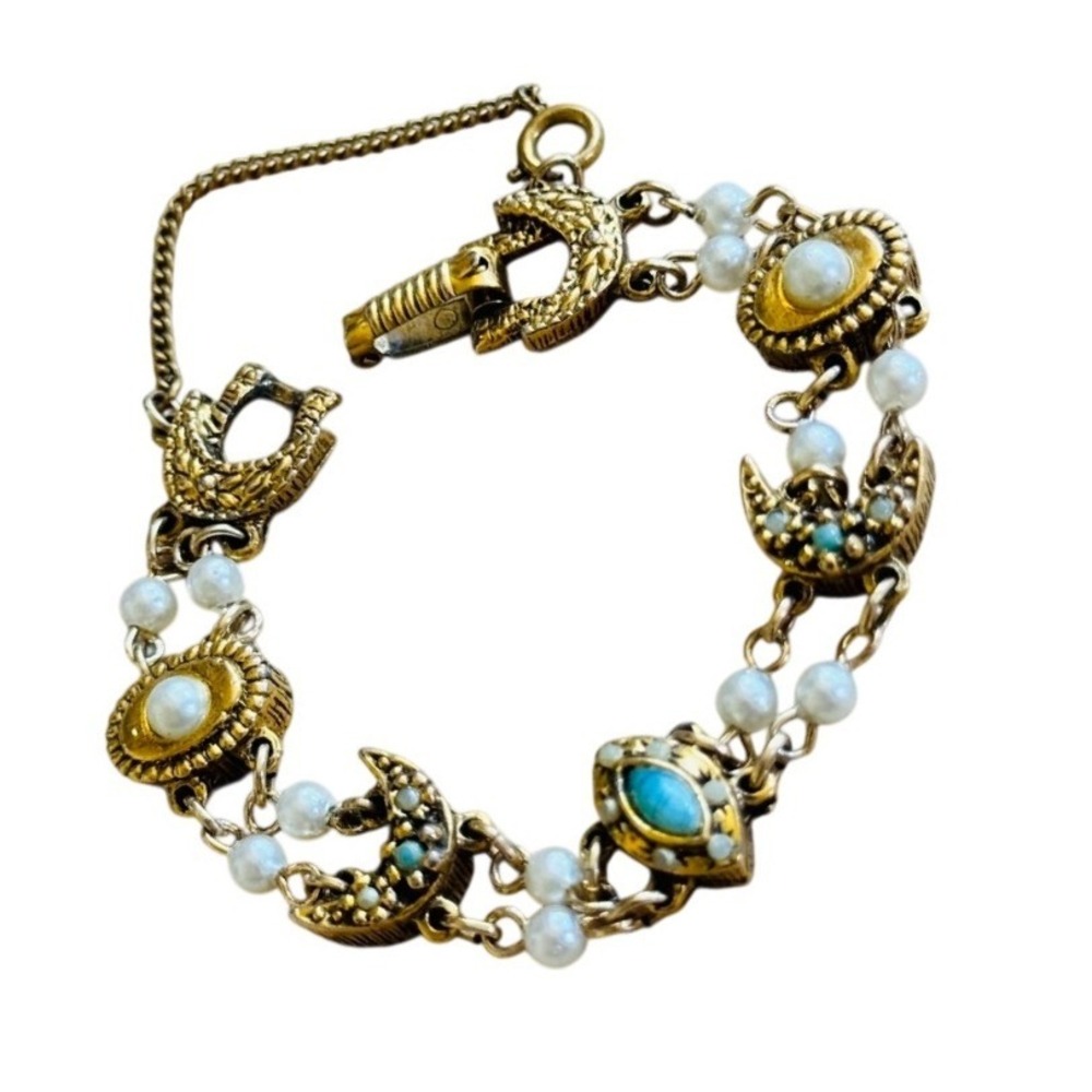 Goldette Charm Moon Bracelet Pearl VtG Victorian Style Gold Plated Unsigned 6"